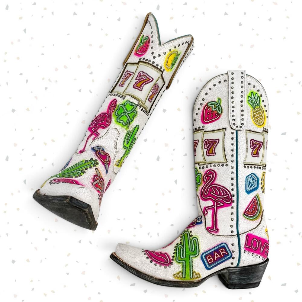 Old Gringo Jackpot White Cowboy Boots Western Pink Flamingo Vegas Party Size 5.5
